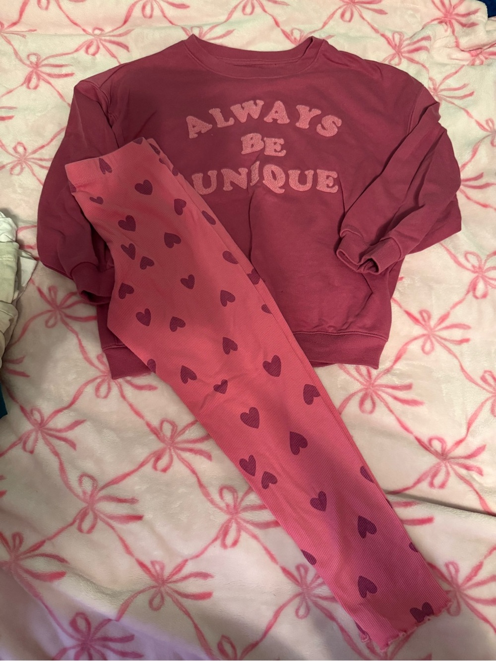 Girls Pink Heart Pajama Set - "Always Be Unique" Pullover & Leggings